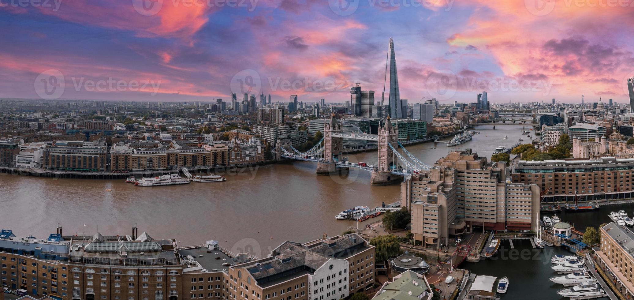 Aerial view of the Tower bridge, central London, from the South bank of the Thames. photo