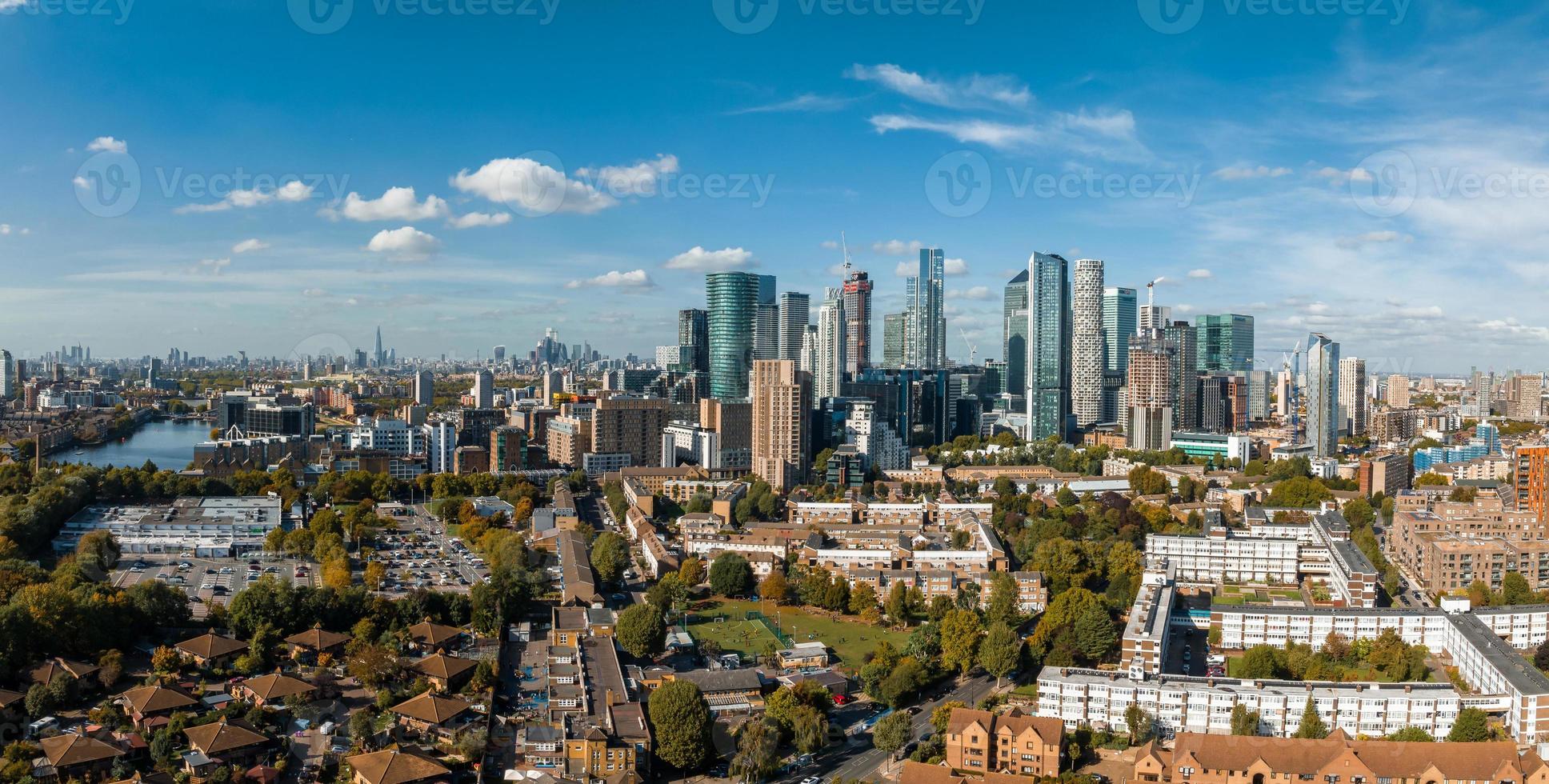 Aerial panoramic skyline view of Canary Wharf, the worlds leading financial district in London, UK. photo