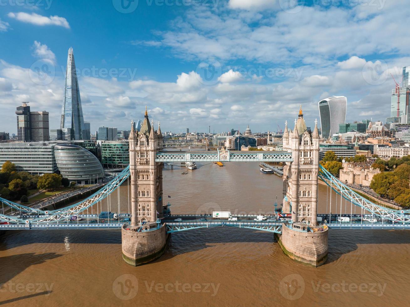 Aerial view of the Tower bridge, central London, from the South bank of the Thames. photo