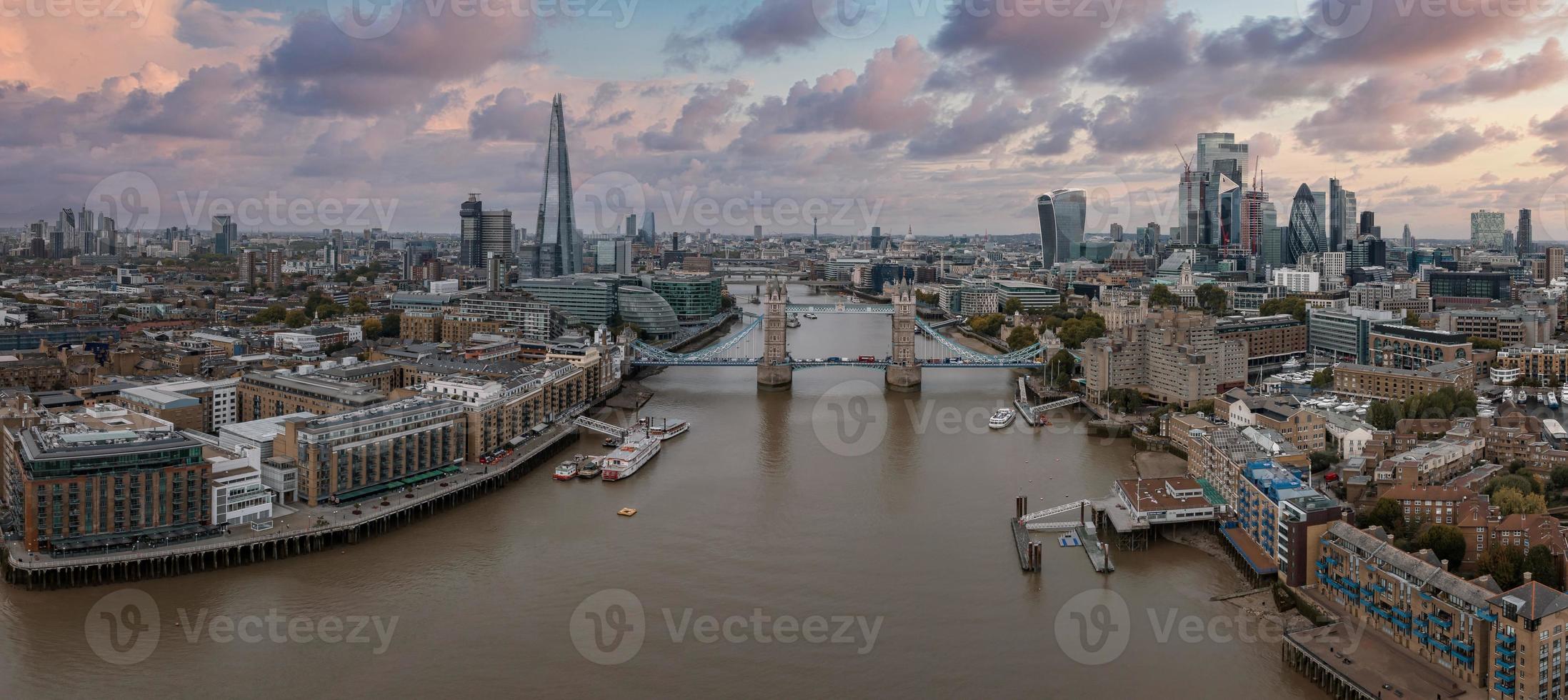 Aerial view of the Tower bridge, central London, from the South bank of the Thames. photo