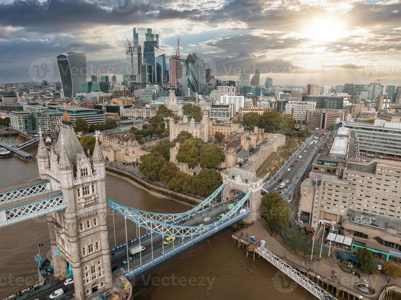 Aerial view of the Tower bridge, central London, from the South bank of the Thames. photo