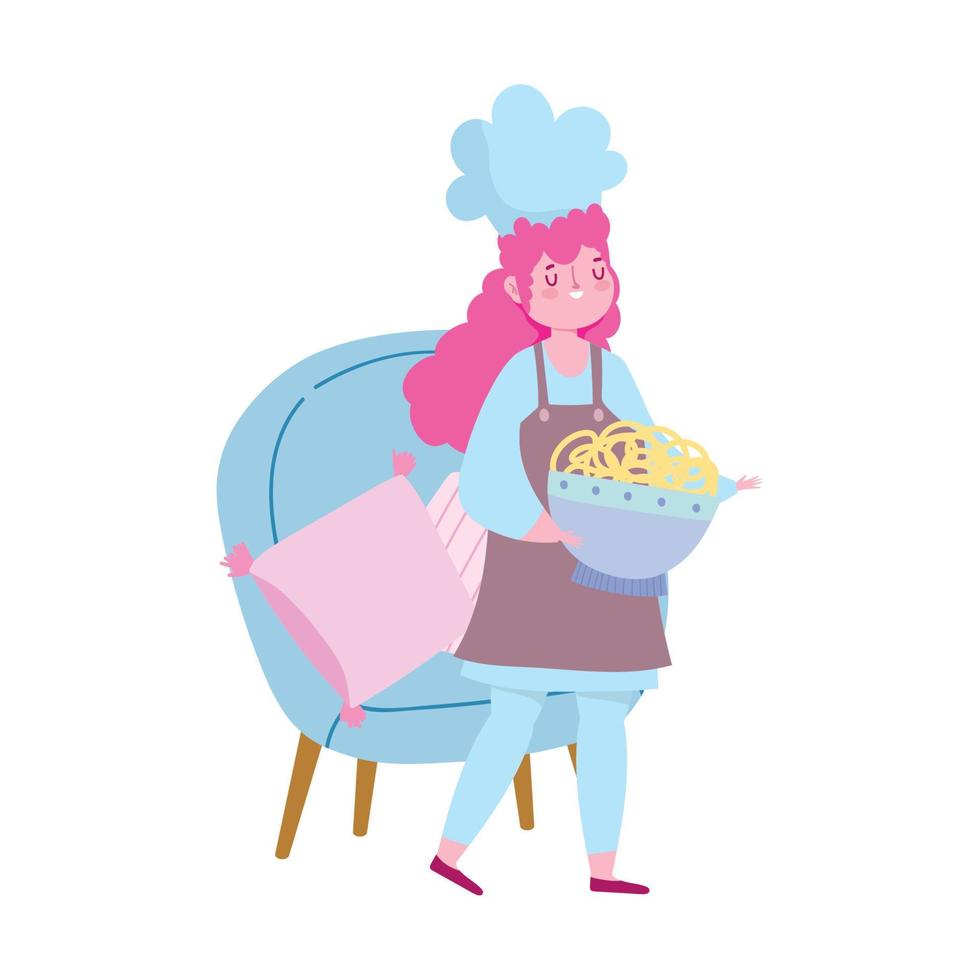 quedarse en casa, chef mujer con caricatura de fideos, cocinar actividades de cuarentena vector