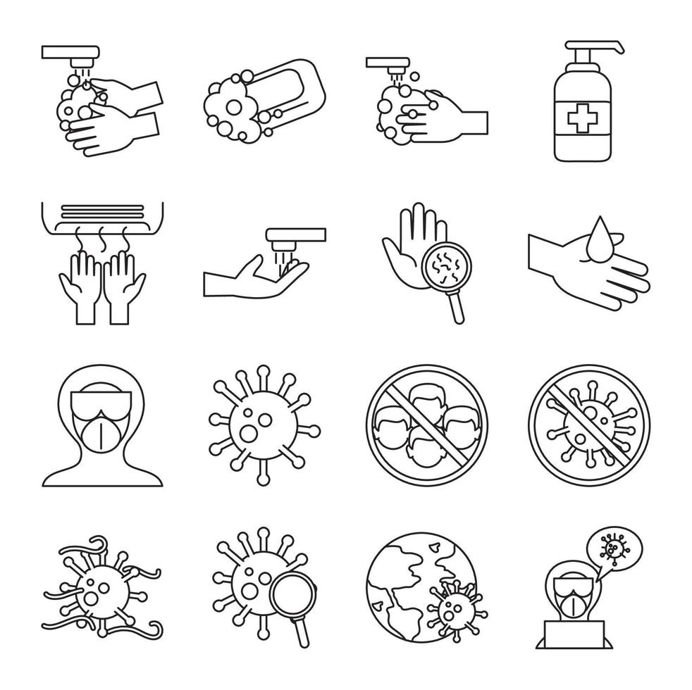 covid 19 coronavirus prevention pandemic disease outbreak icons set line style vector