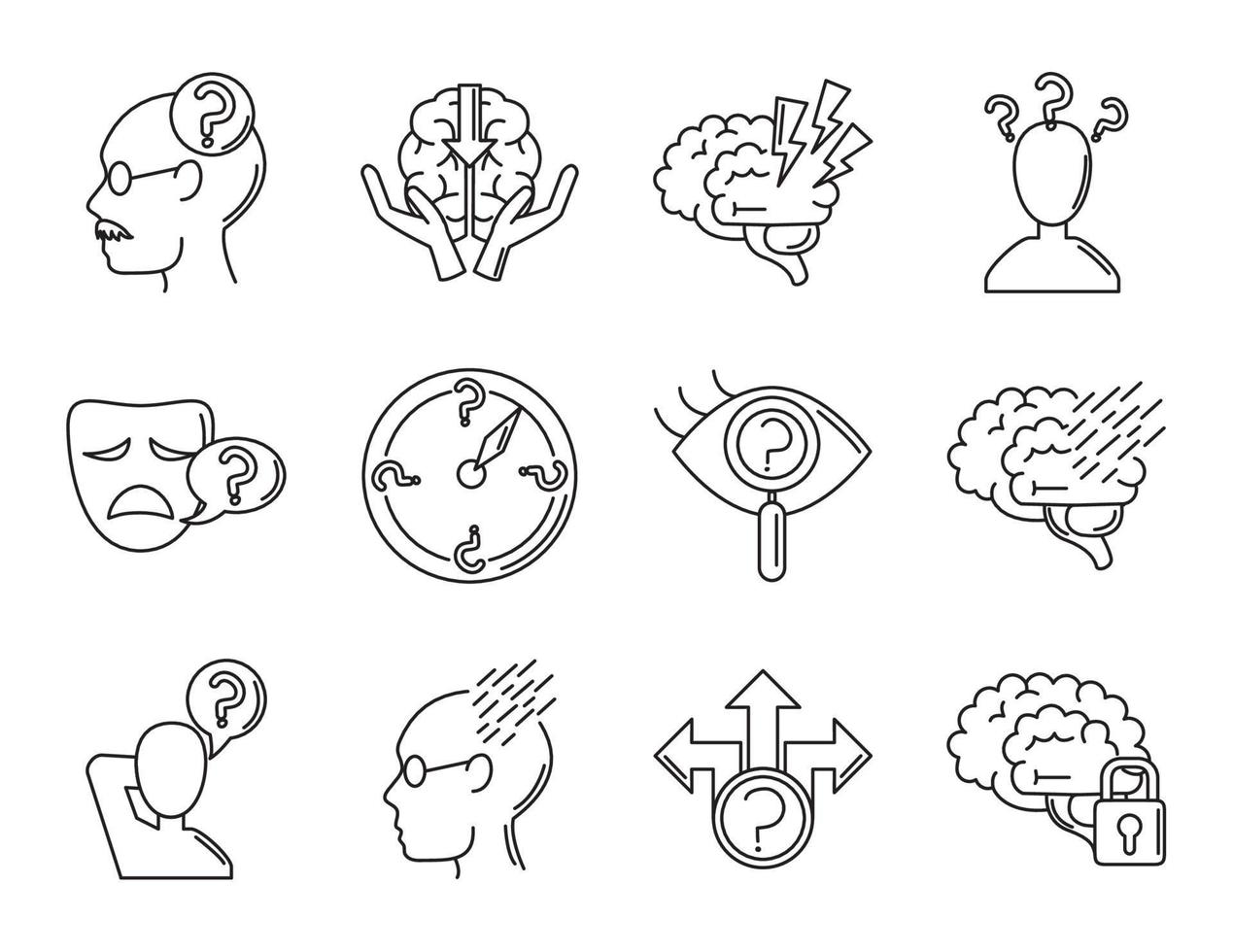 alzheimer disease, decrease in mental human ability icons set line style vector