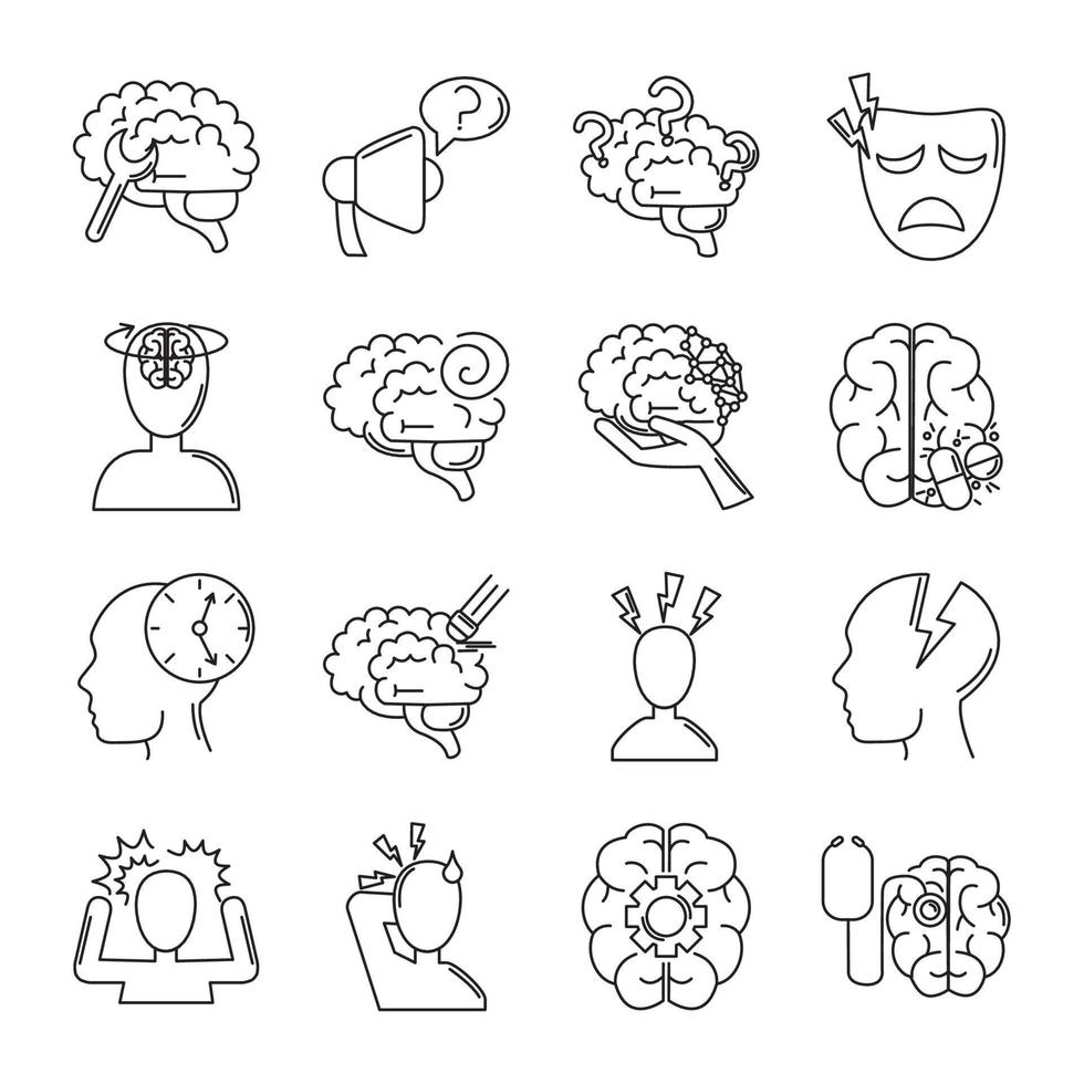 alzheimer disease, decrease in mental human ability icons set line style vector