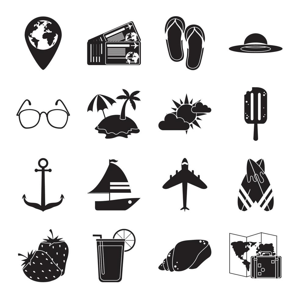 summer travel and vacation in silhouette style isolated icons set vector