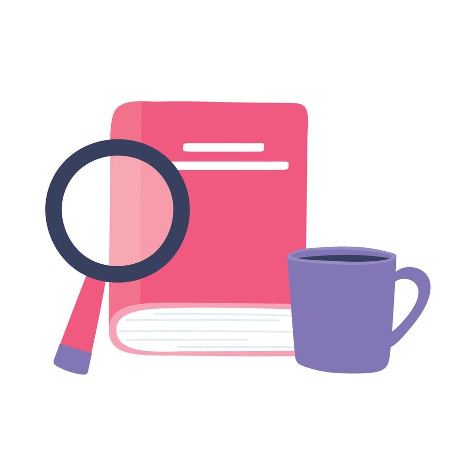 online training, book magnifier and coffee cup, education and courses learning digital vector