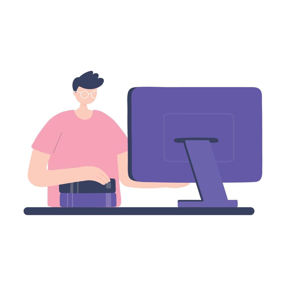 online training, man using computer with books, education and courses learning digital vector