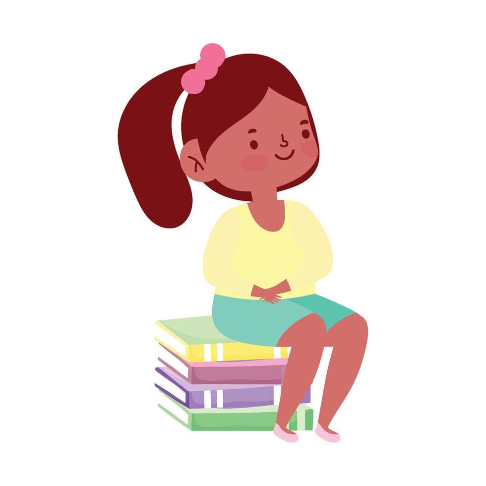 little student girl sitting on stack of books cartoon school isolated icon design white background vector