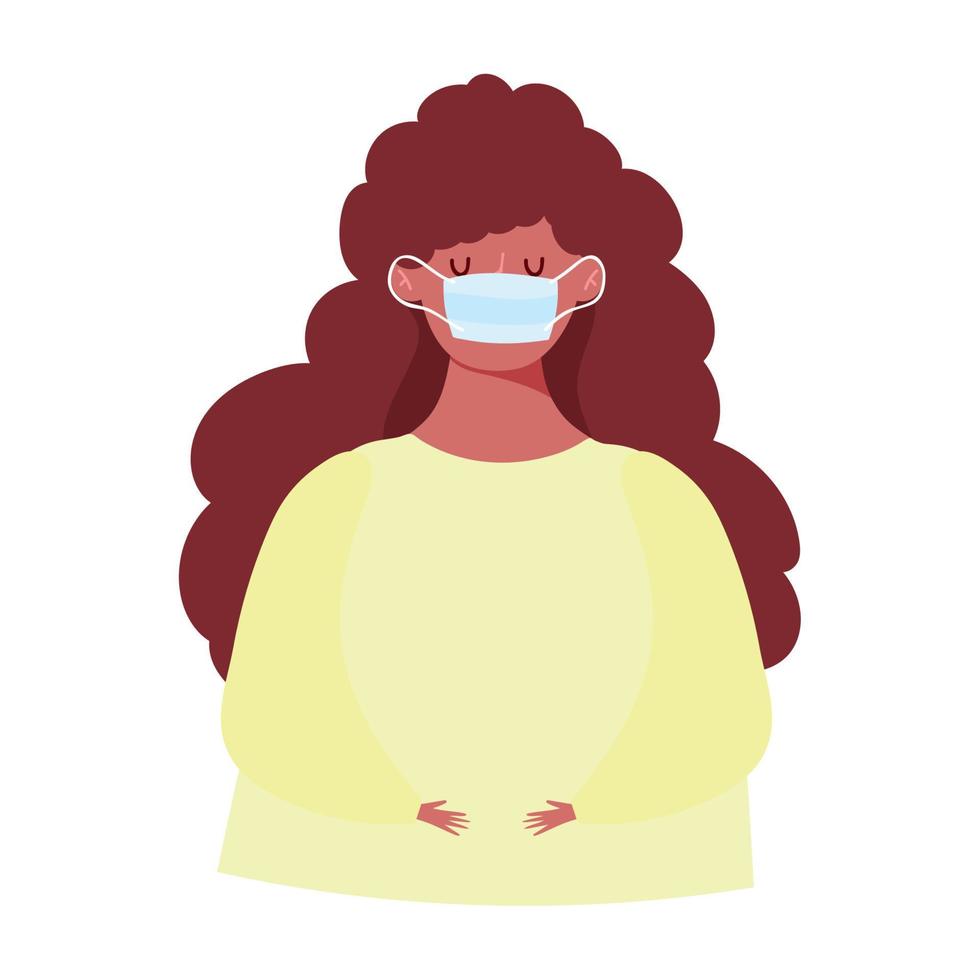 covid 19 coronavirus, young woman with medical mask, prevention outbreak, isolated icon design white background vector