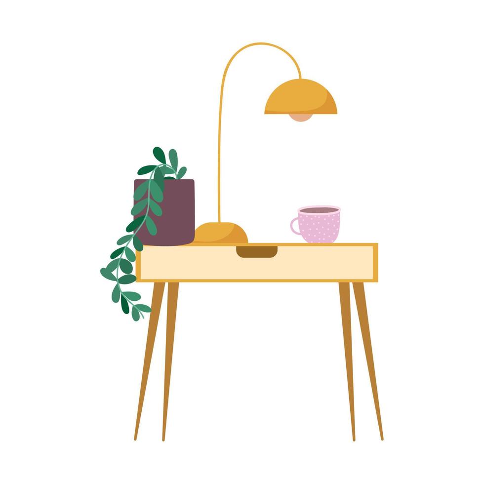 table with lamp coffee cup and plant decoration isolated design icon white background vector