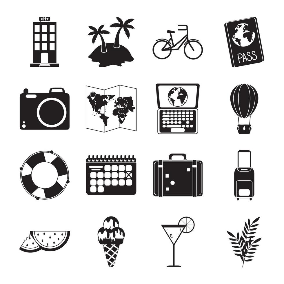 summer travel and vacation in silhouette style isolated icons set vector
