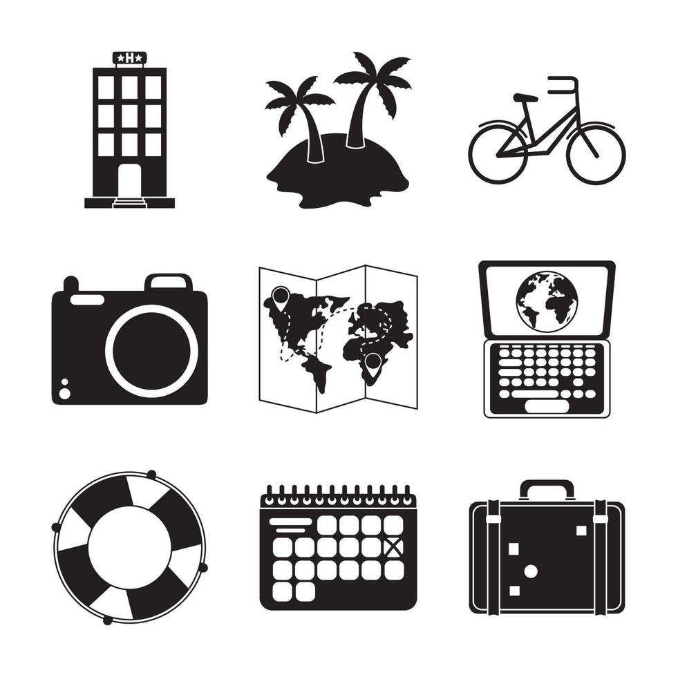 summer travel and vacation in silhouette style isolated icons set vector