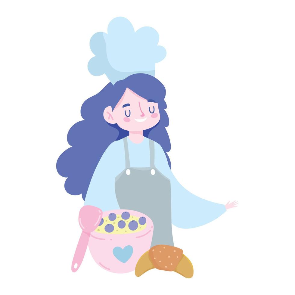 stay at home, female chef with bread fruit dessert cartoon, cooking quarantine activities vector