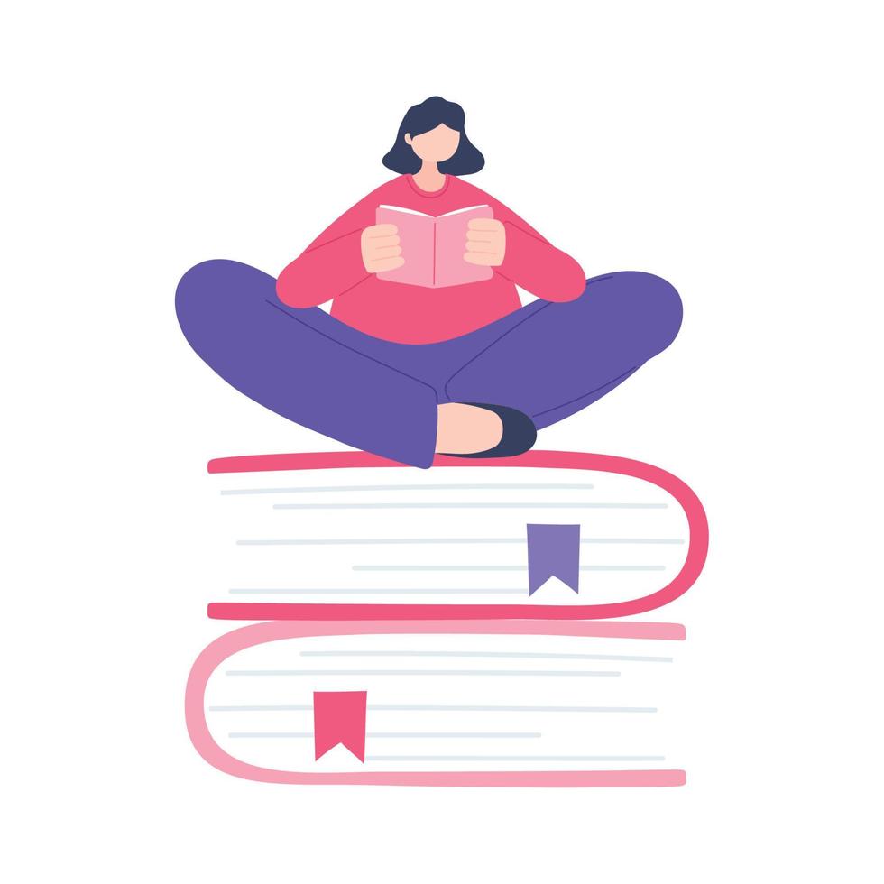 online training, girl reading book sitting on stack of books, education and courses learning digital vector
