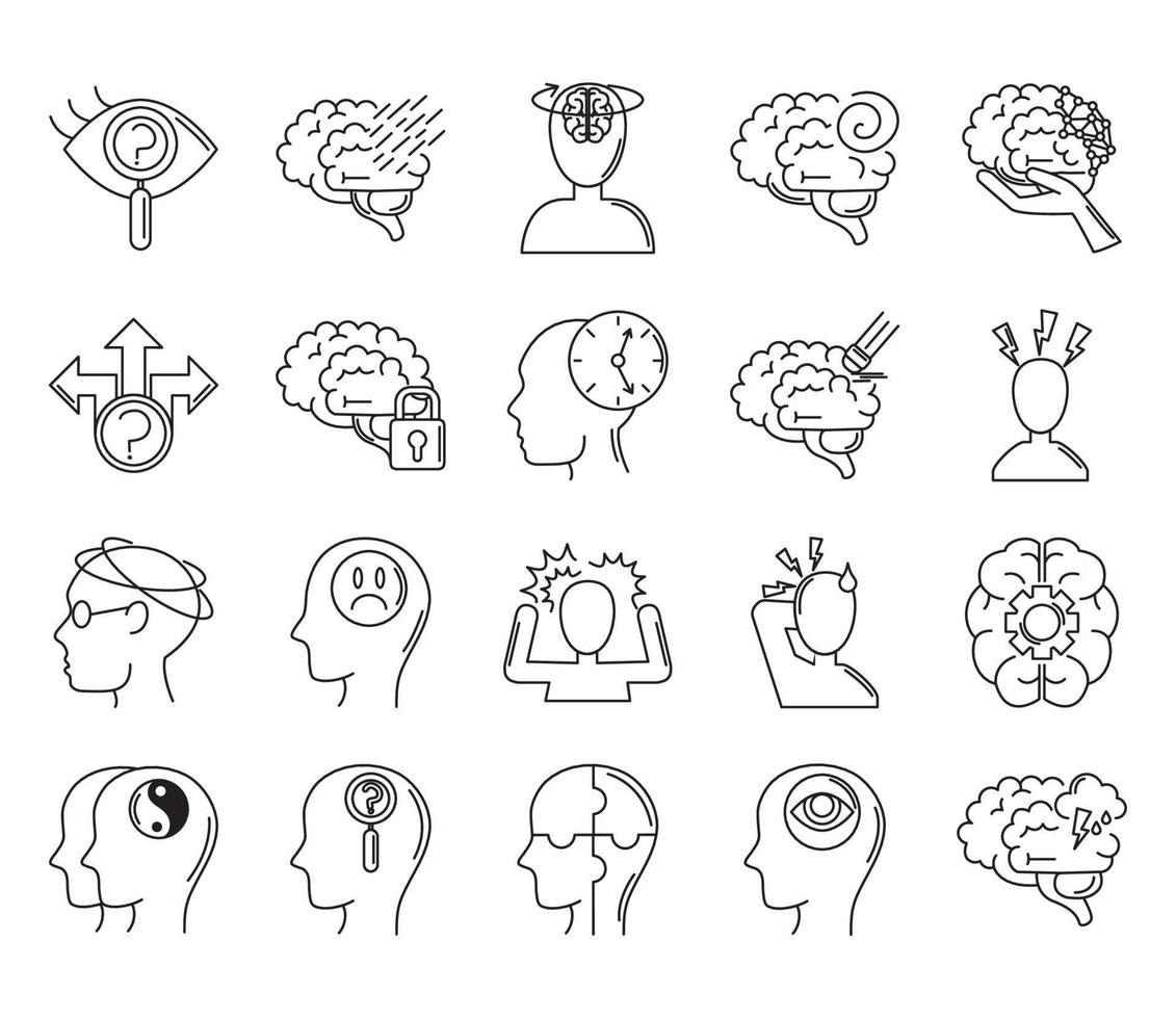 alzheimer disease, decrease in mental human ability icons set line style vector