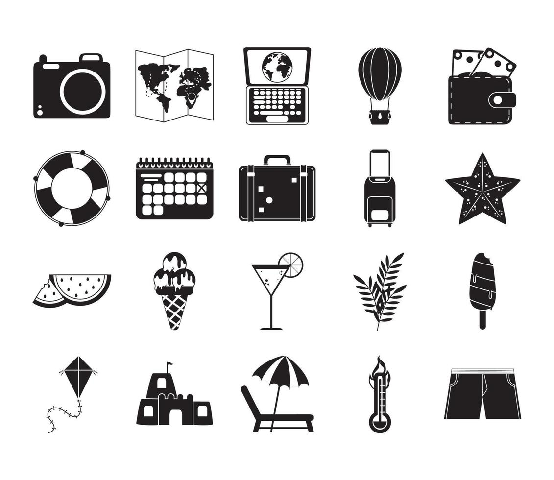 summer travel and vacation in silhouette style isolated icons set vector