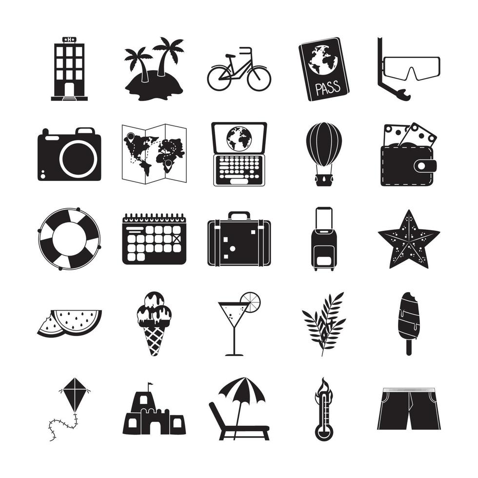 summer travel and vacation in silhouette style isolated icons set vector