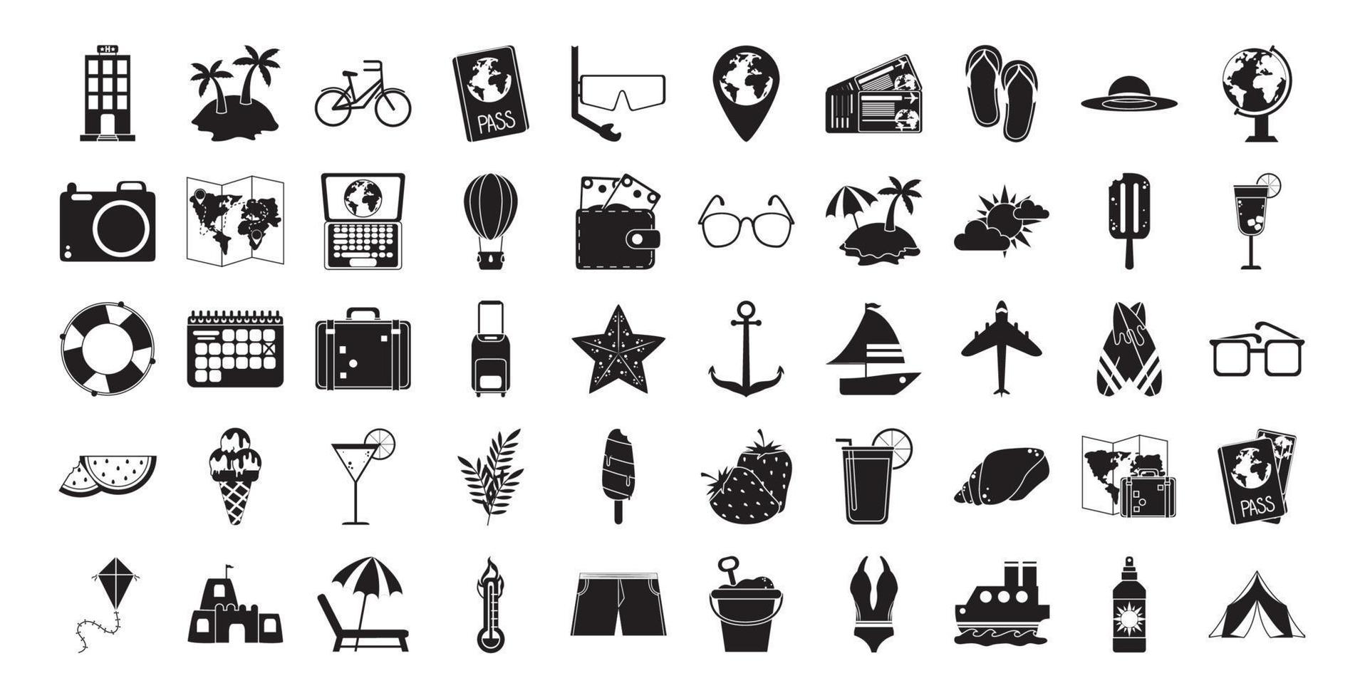 summer travel and vacation in silhouette style isolated icons set vector