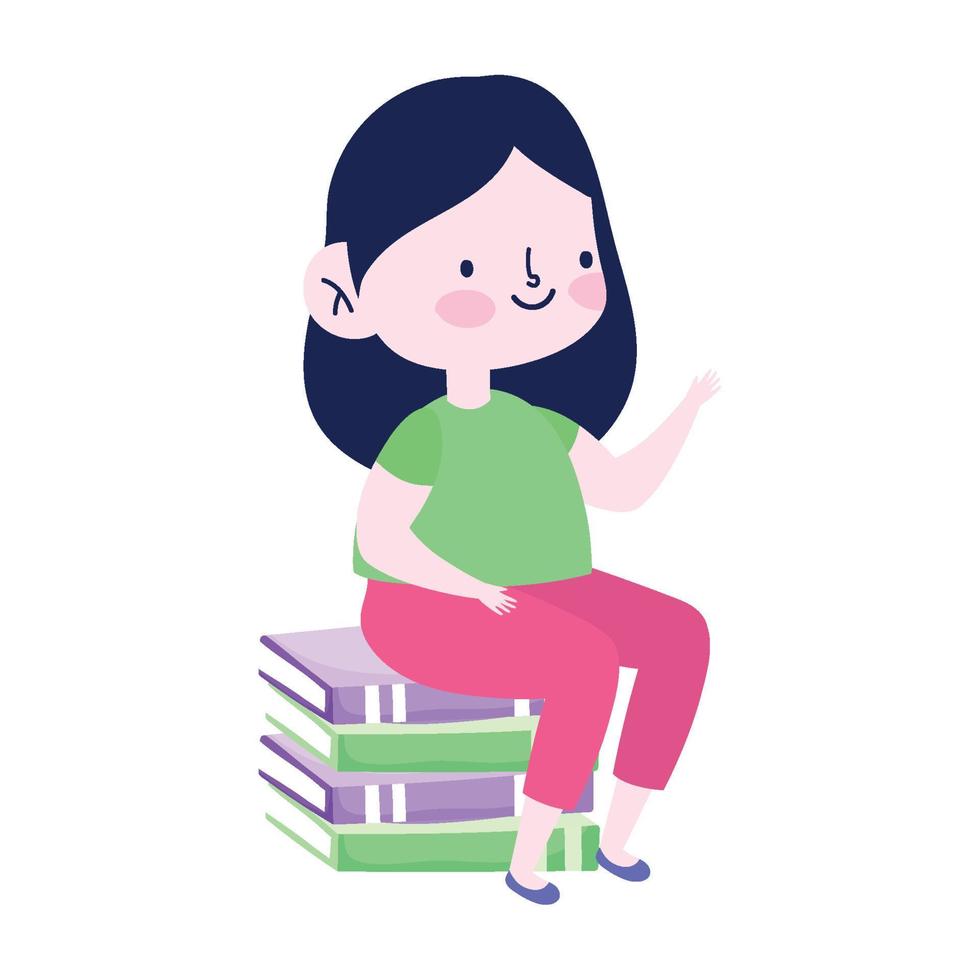 little student girl sitting on stack of books cartoon school isolated icon design white background vector