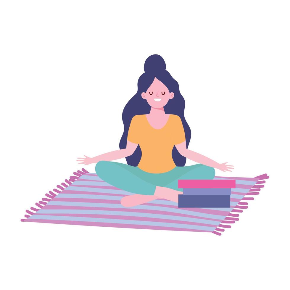 stay at home, girl meditation yoga in room with books cartoon, quarantine activities vector