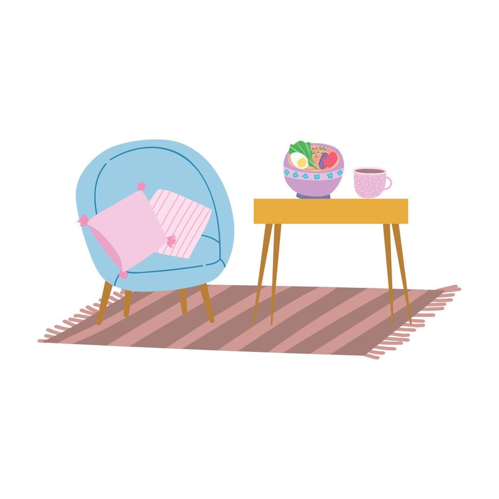 home chair carpet table with food and coffee cup vector