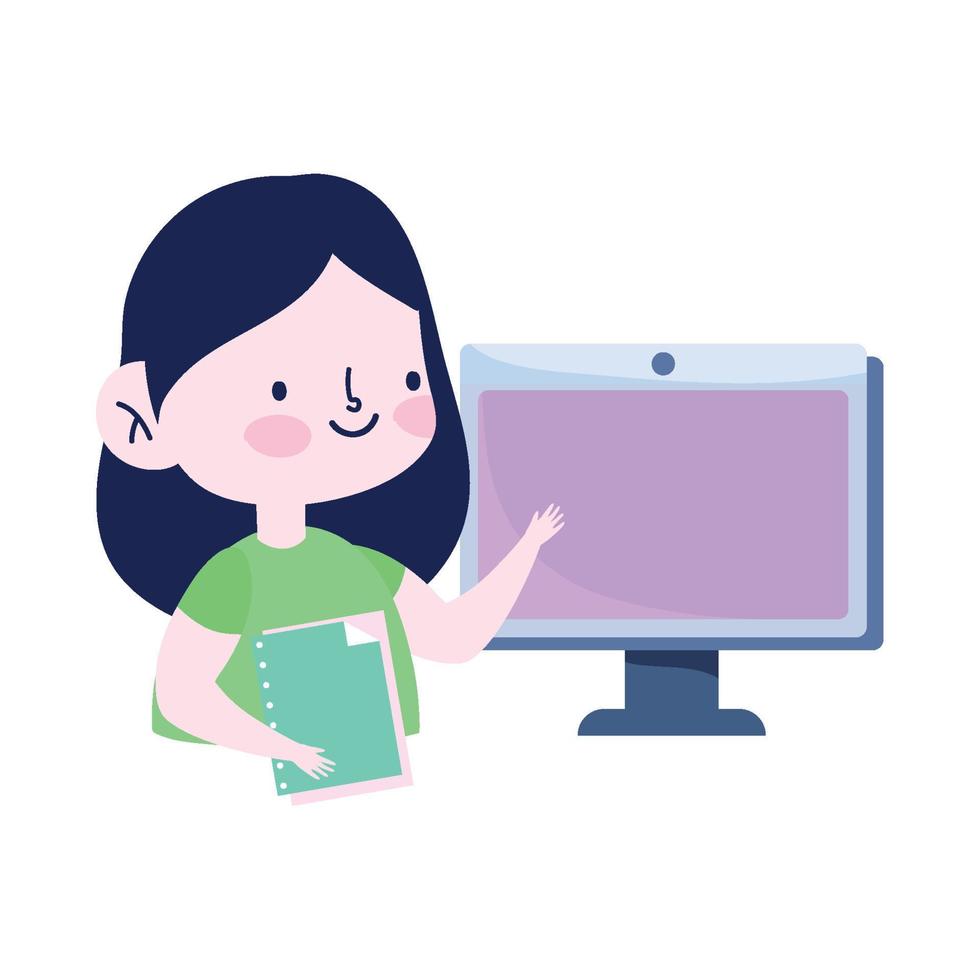 online education, student girl with computer and book studying cartoon vector