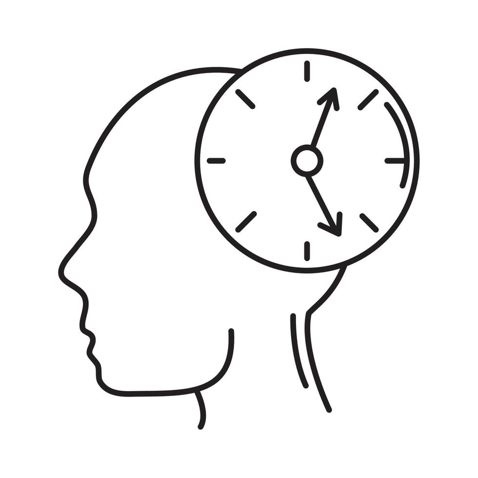 enfermedad de alzheimer, persona de perfil, confusión de la hora del reloj, disminución del icono de estilo de línea de capacidad mental humana vector