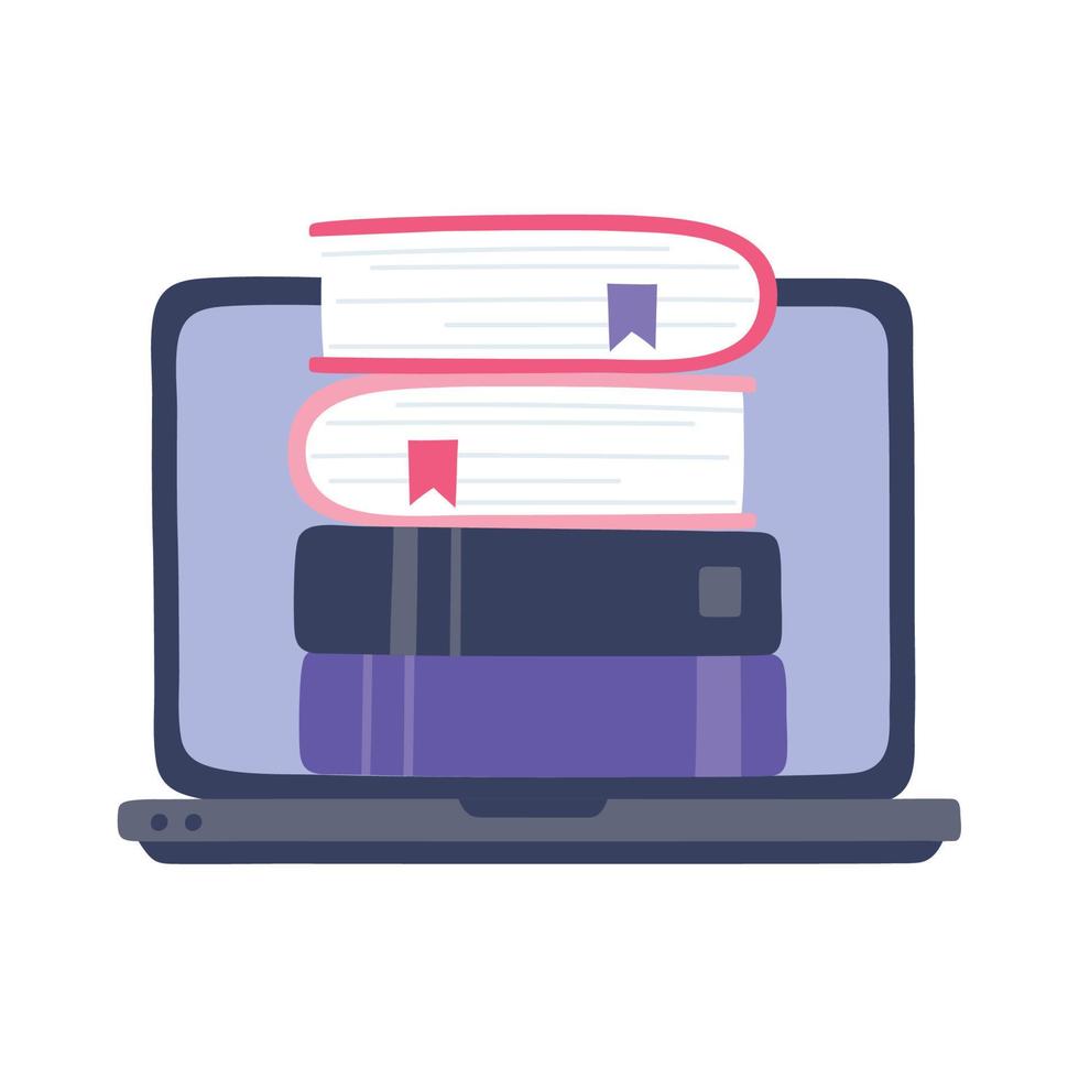 online training, laptop computer stack of books, education and courses learning digital vector