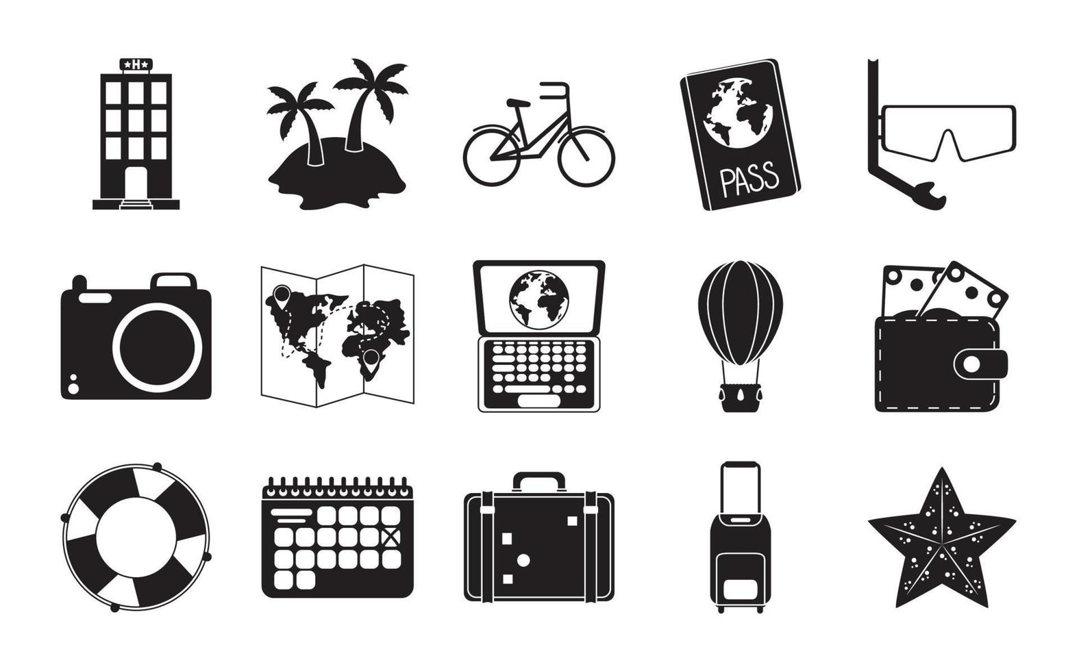summer travel and vacation in silhouette style isolated icons set vector