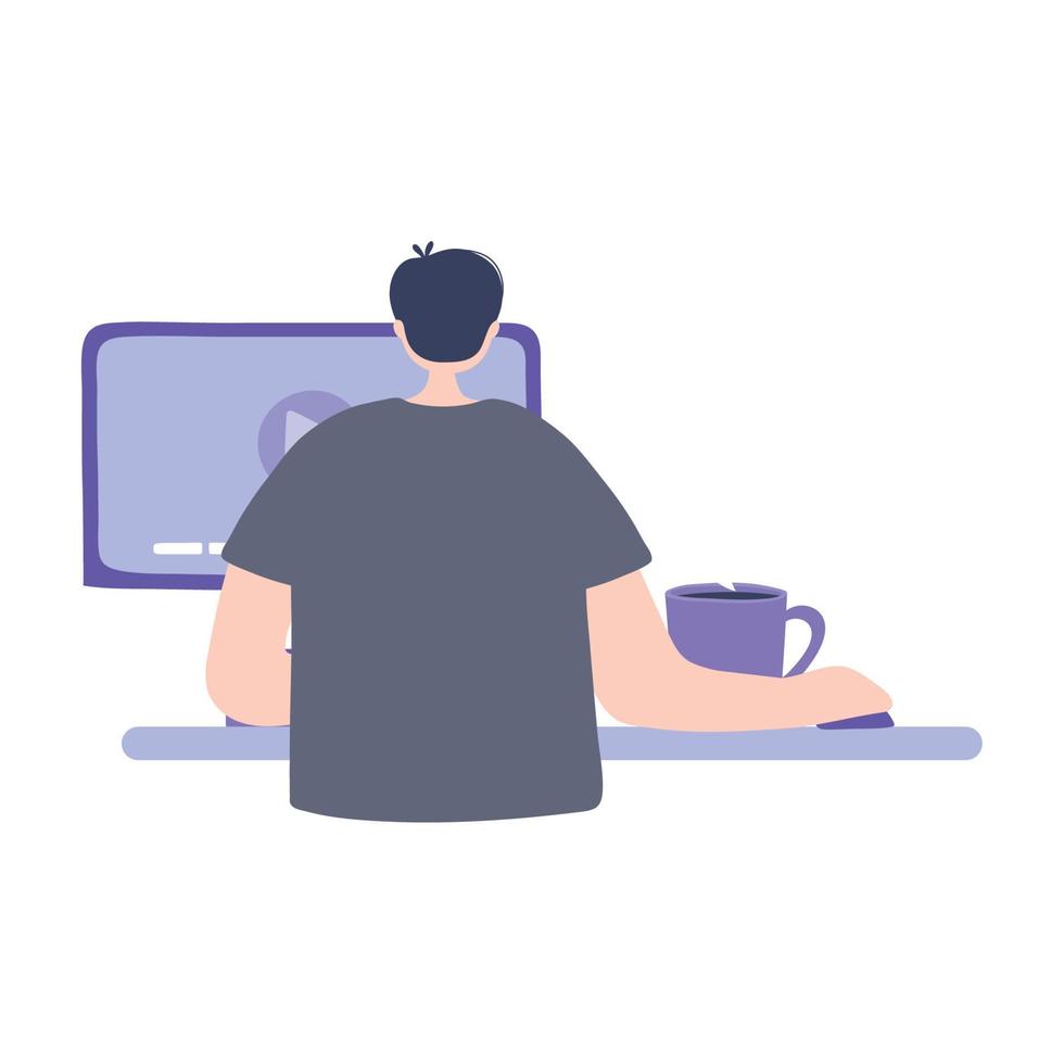 online training, student boy with computer coffee cup, education and courses learning digital vector
