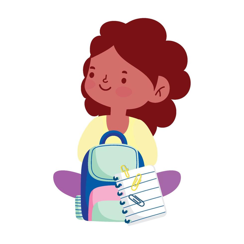 little student girl with backpack and paper cartoon character isolated icon vector