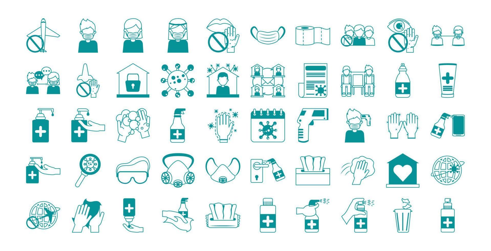 covid 19 coronavirus, prevention outbreak disease pandemic virus icons set line design icon vector