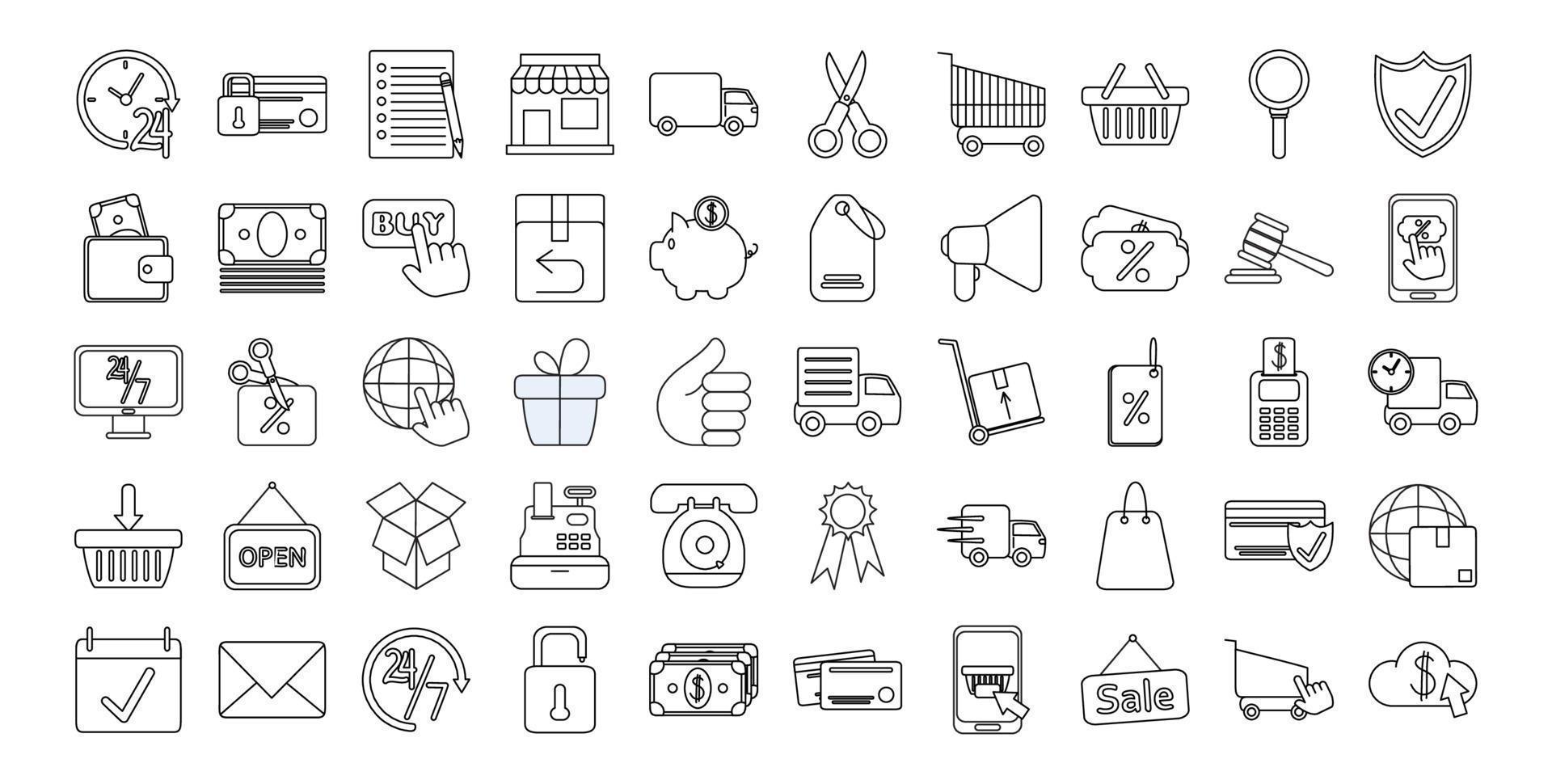 online shopping mobile marketing and e-commerce icons set line style vector