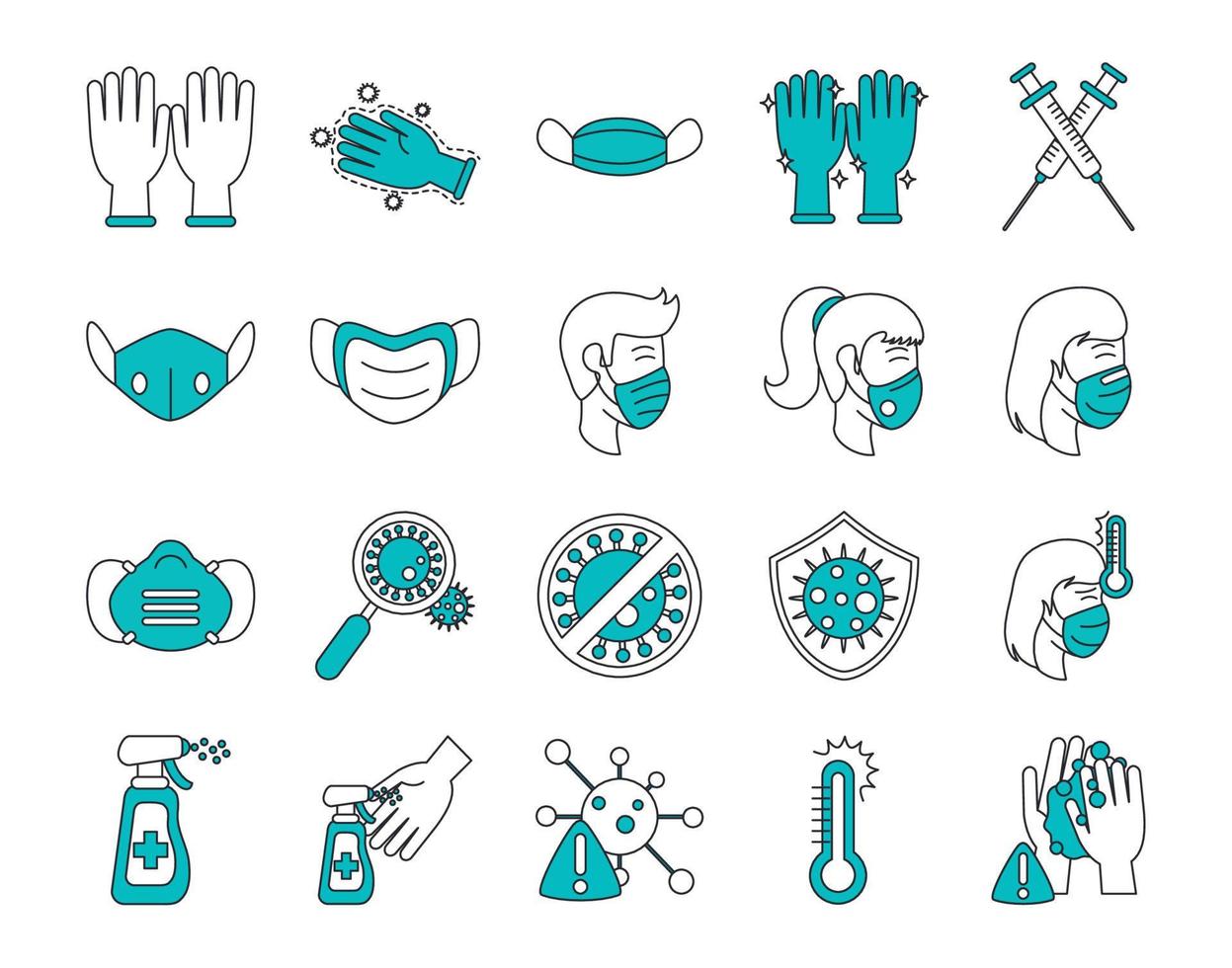 covid 19 coronavirus prevention spread outbreak disease pandemic icons set linear vector