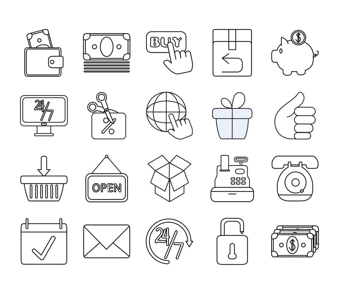 online shopping mobile marketing and e-commerce icons set line style vector