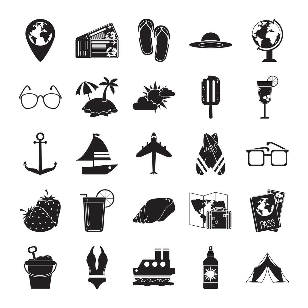 summer travel and vacation in silhouette style isolated icons set vector