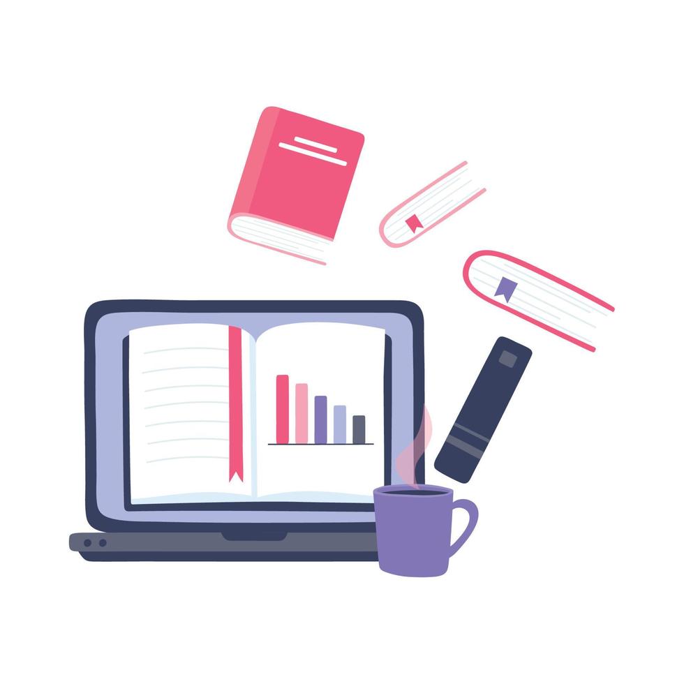 online training, laptop statistics report book lesson, education and courses learning digital vector