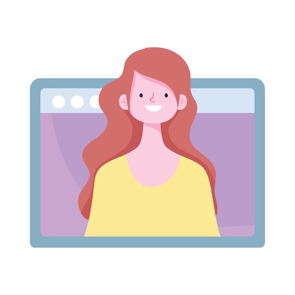 mujer joven video formación en línea icono aislado diseño fondo blanco vector