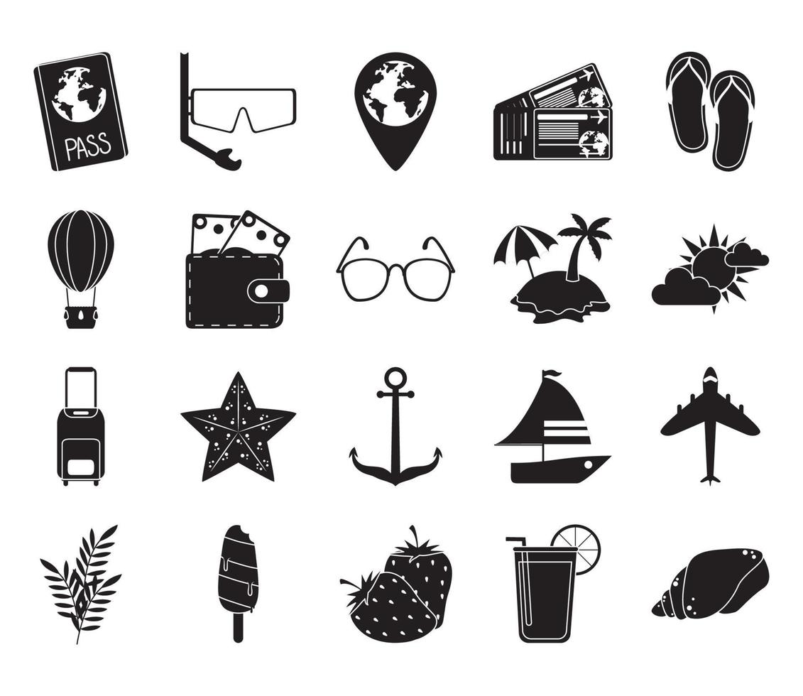 summer travel and vacation in silhouette style isolated icons set vector