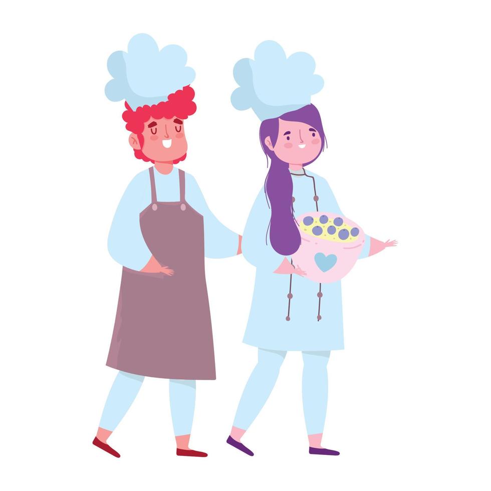 stay at home, female and male chef with bowl cartoon, cooking quarantine activities vector