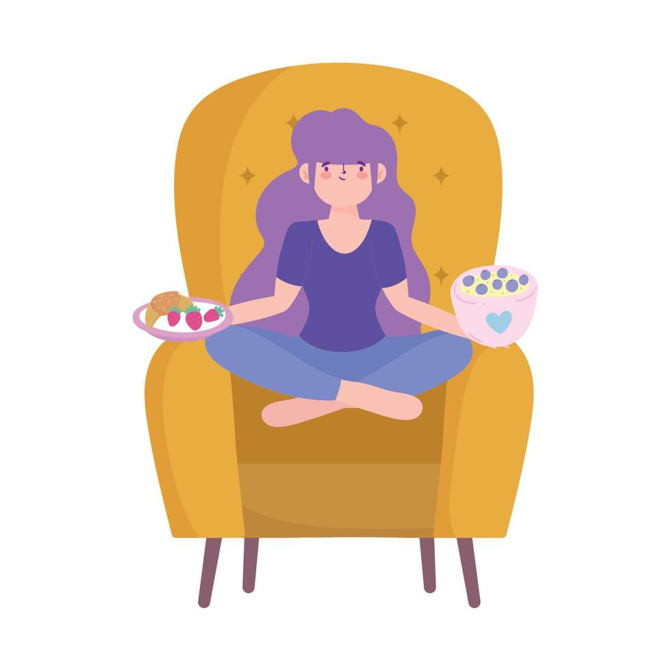 stay at home, girl sitting on chair with food in hands cartoon, quarantine activities vector