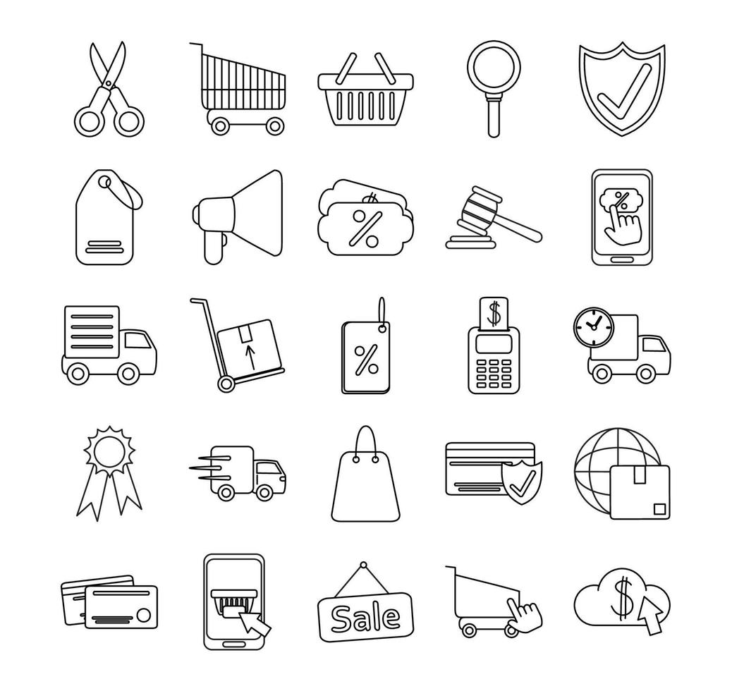 online shopping mobile marketing and e-commerce icons set line style vector