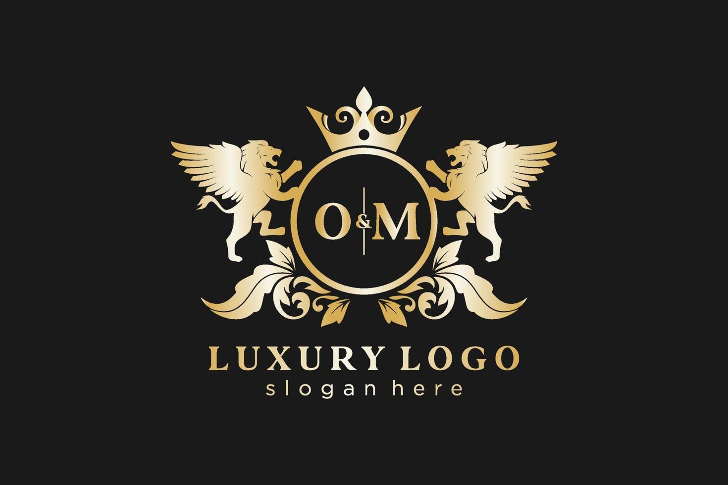 plantilla de logotipo de lujo real de león de letra om inicial en arte vectorial para restaurante, realeza, boutique, cafetería, hotel, heráldica, joyería, moda y otras ilustraciones vectoriales. vector