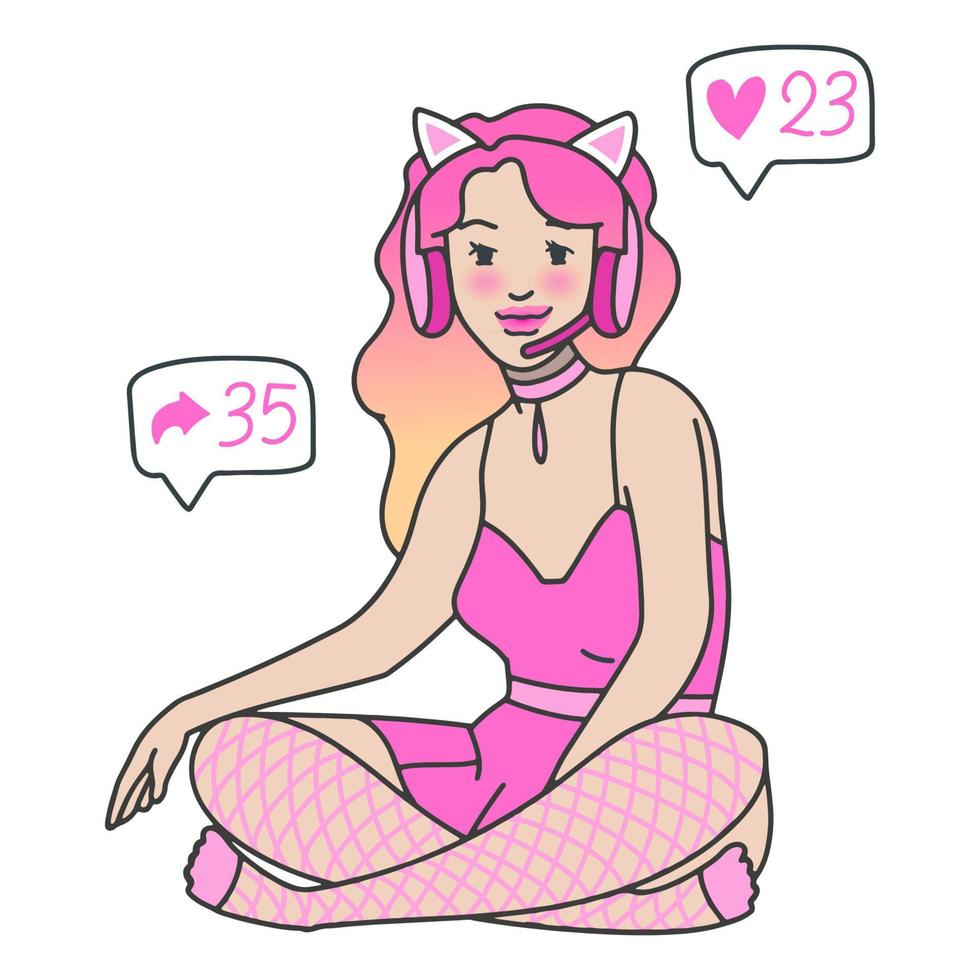 illustration streamer girl in a pink kitty suit vector
