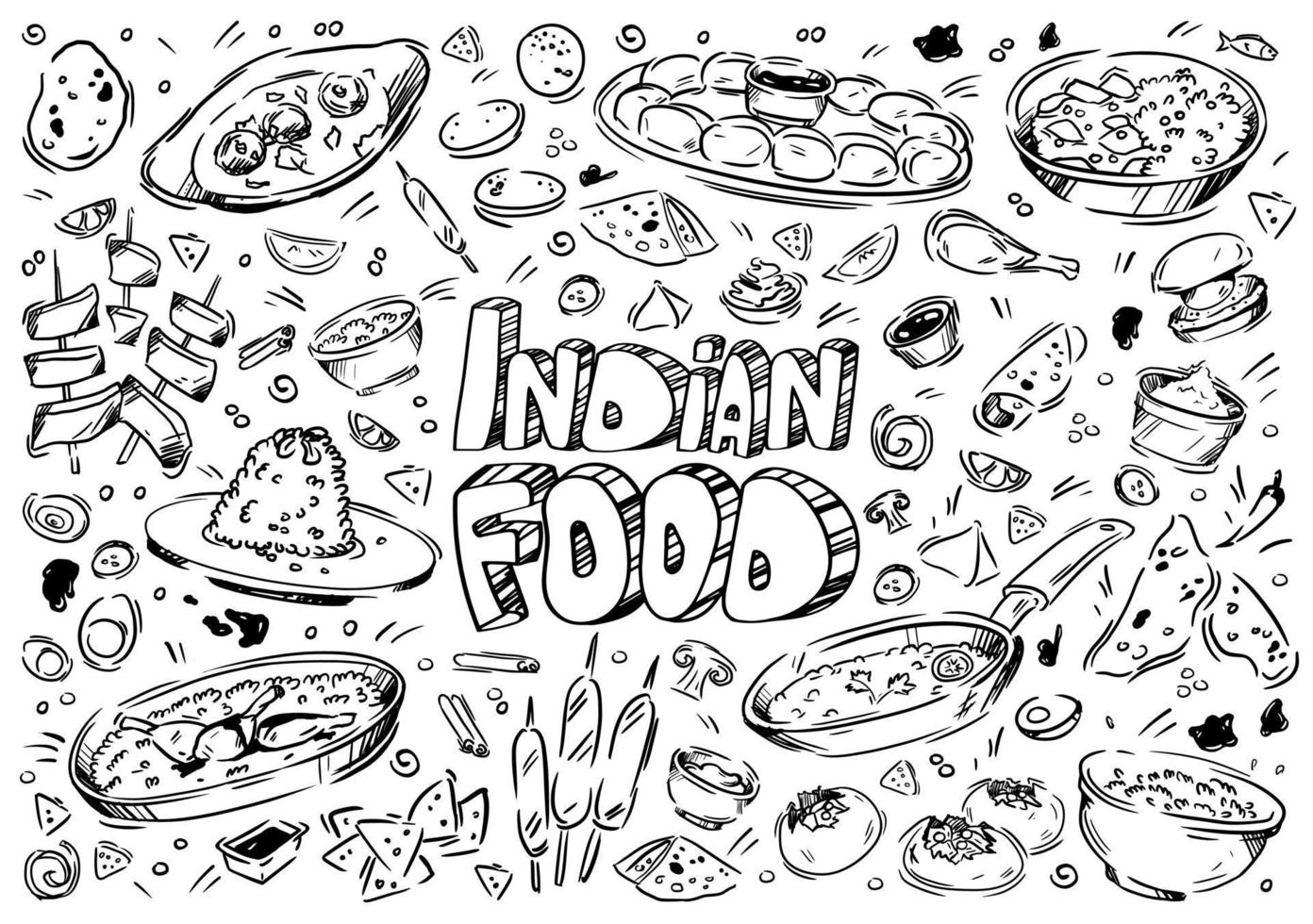 Hand drawn vector illustration. Doodle Indian food, chicken, masala, naan, kebab, pilaf, flatbread, citrus, curry, spices, potatoes, meat, rice, vegetables, sauces