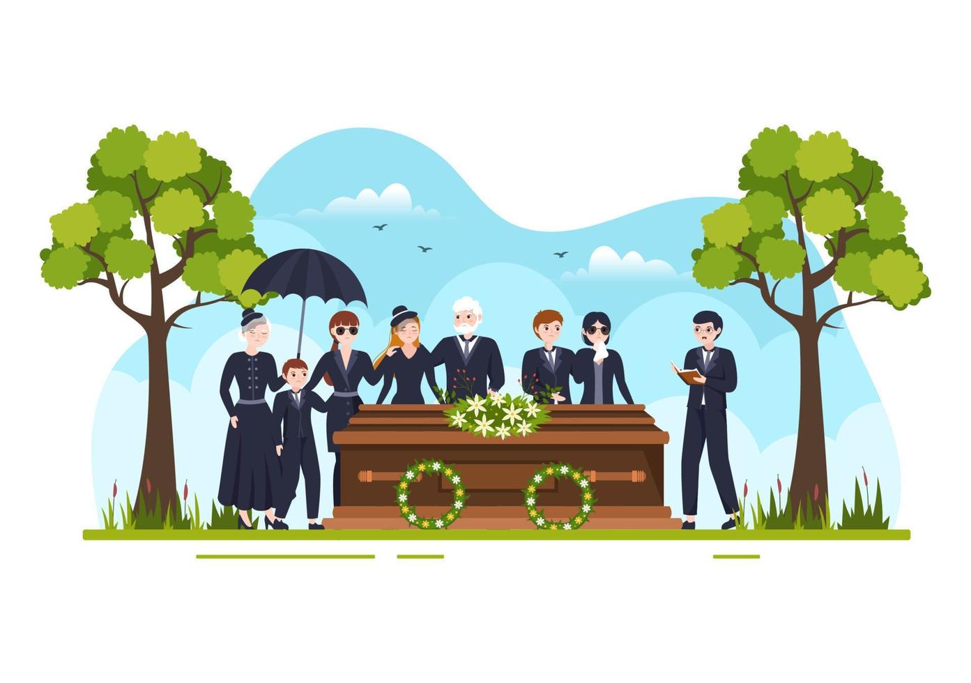 ceremonia fúnebre en la tumba de personas tristes vestidas de negro de pie y corona alrededor del ataúd en ilustración de plantilla dibujada a mano de caricatura plana vector