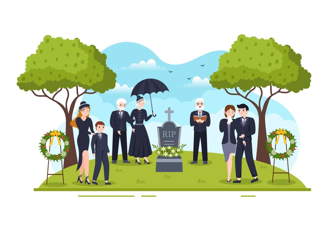 ceremonia fúnebre en la tumba de personas tristes vestidas de negro de pie y corona alrededor del ataúd en ilustración de plantilla dibujada a mano de caricatura plana vector