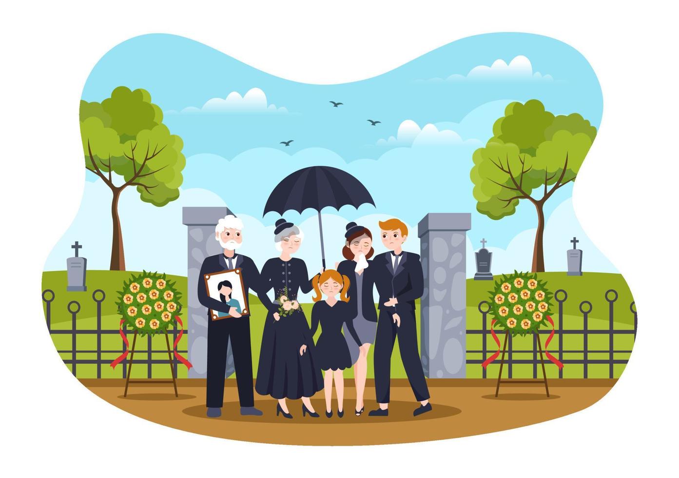 ceremonia fúnebre en la tumba de personas tristes vestidas de negro de pie y corona alrededor del ataúd en ilustración de plantilla dibujada a mano de caricatura plana vector
