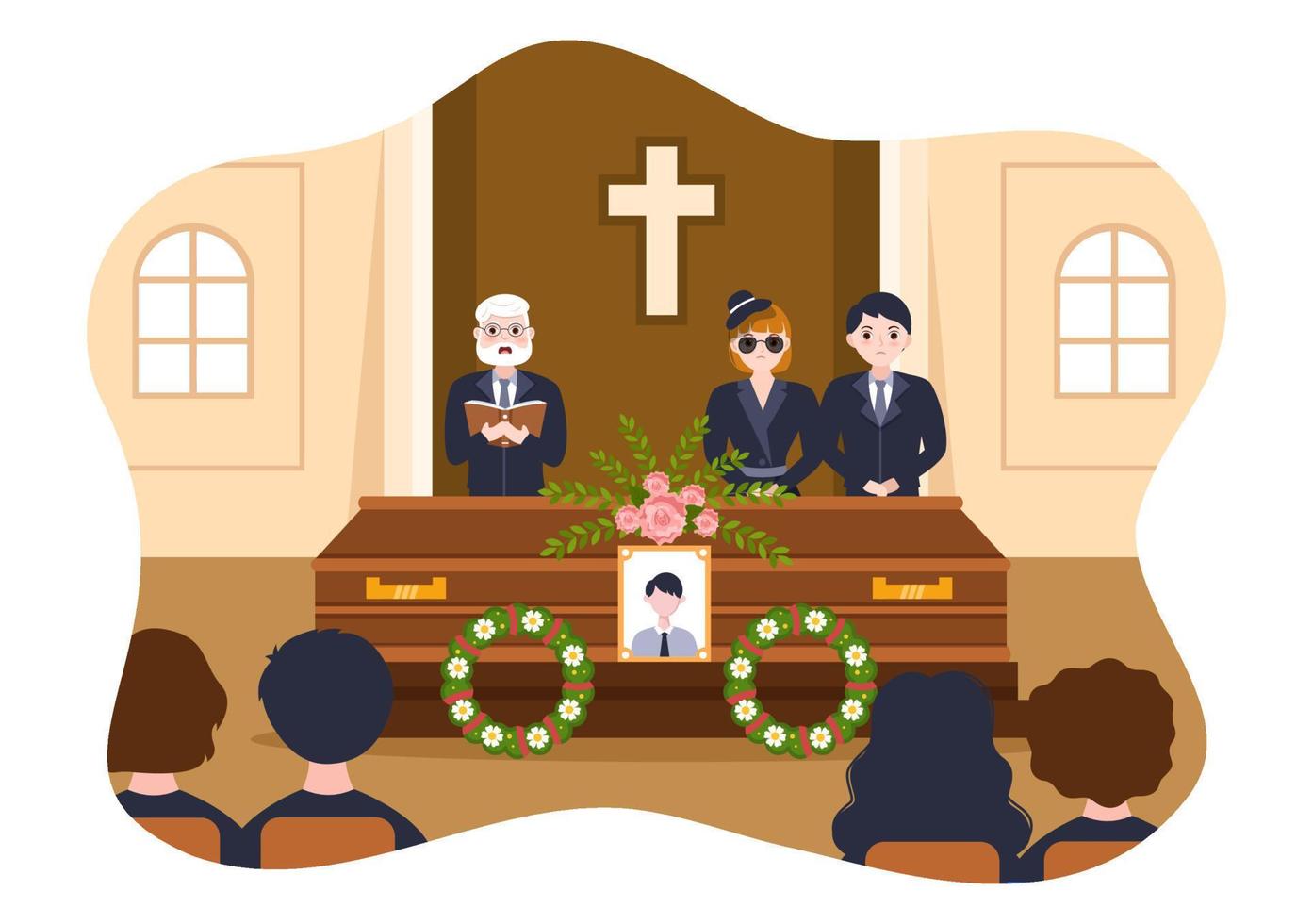 ceremonia fúnebre en la tumba de personas tristes vestidas de negro de pie y corona alrededor del ataúd en ilustración de plantilla dibujada a mano de caricatura plana vector